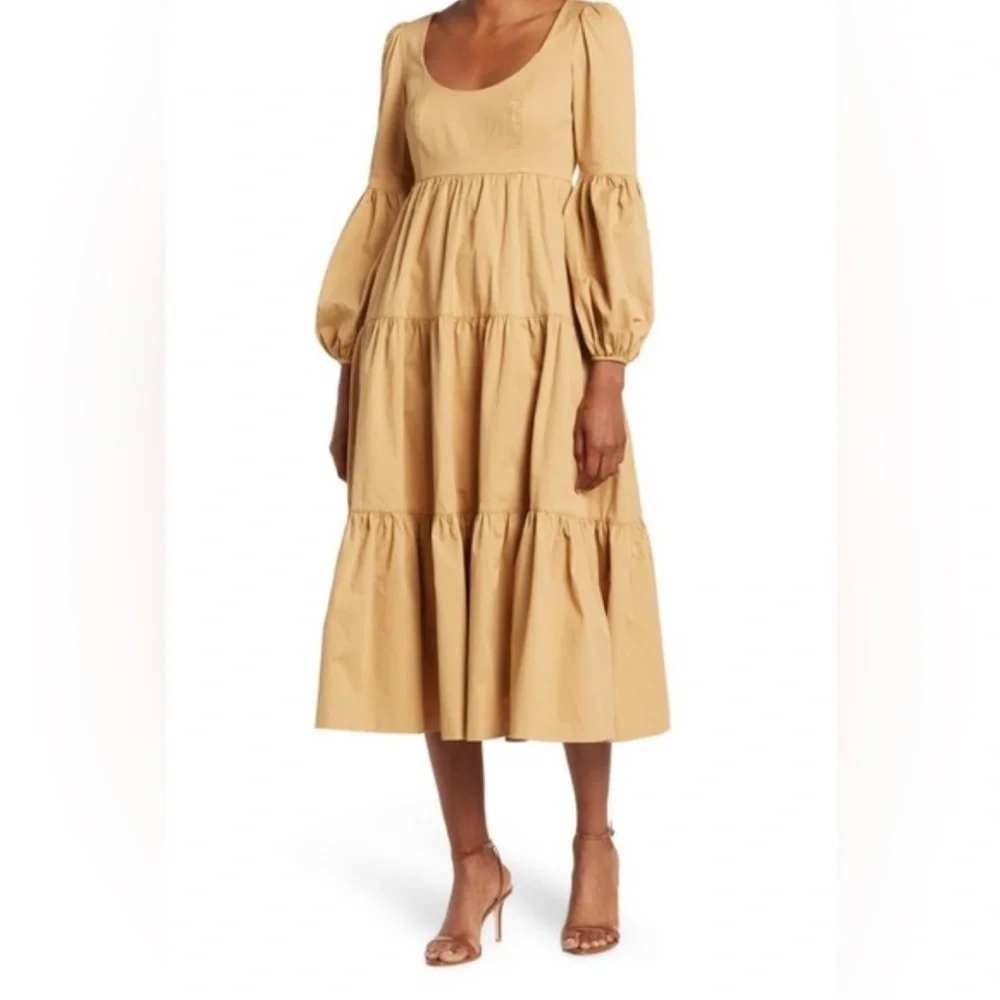 Cinq à Sept Rose Tiered Midi Dress Camel Tan Long Sleeve Cotton Stretch 8